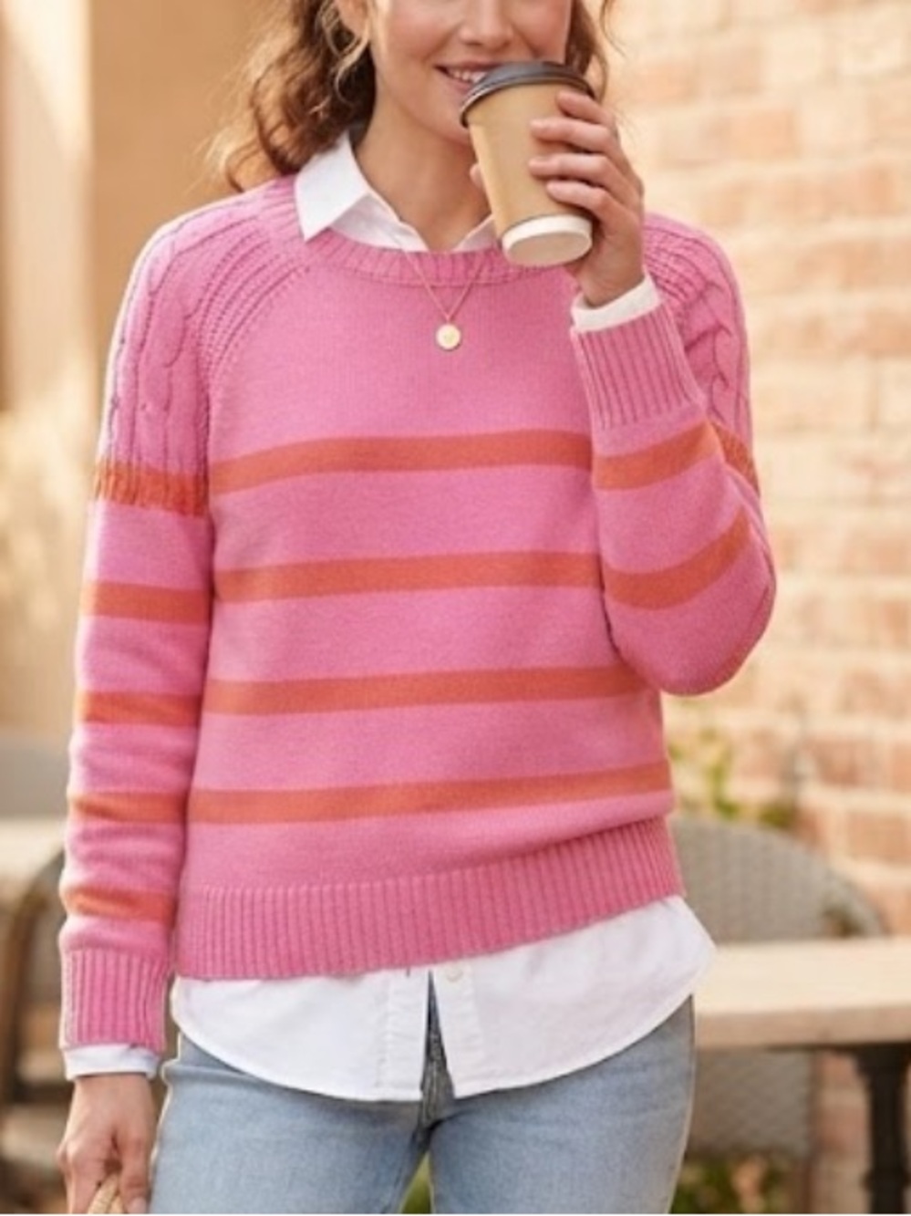 NWT Pink & red cotton blend Striped Cable Knit Pullover Sweater Size XL